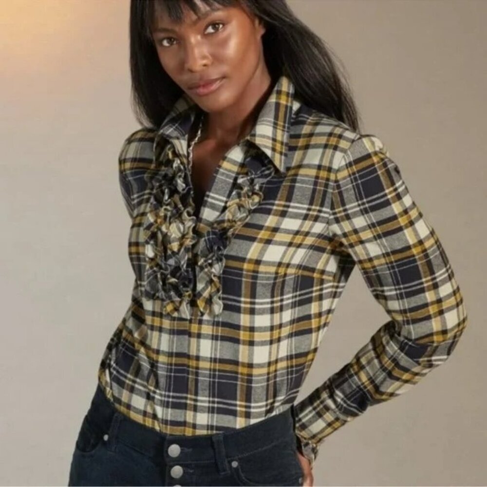 CABI Seattle Plaid Flannel Button Up Shirt Navy Yellow Sz M #4233 EUC